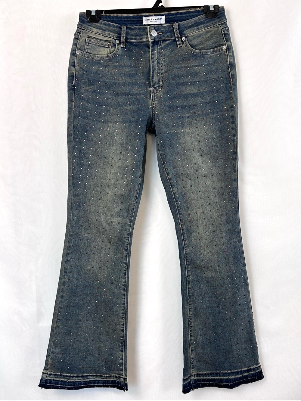 Ashley Mason Juniors Rhinestone Studded Flare Raw Hem Jeans / Size 13 / 31